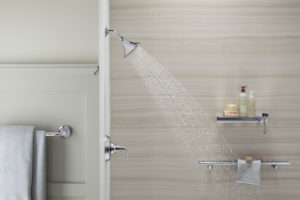 A Running shower in the beautiful bathroom