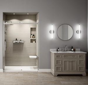 Stunning bathroom having white interior and a big round mirror installed in it
